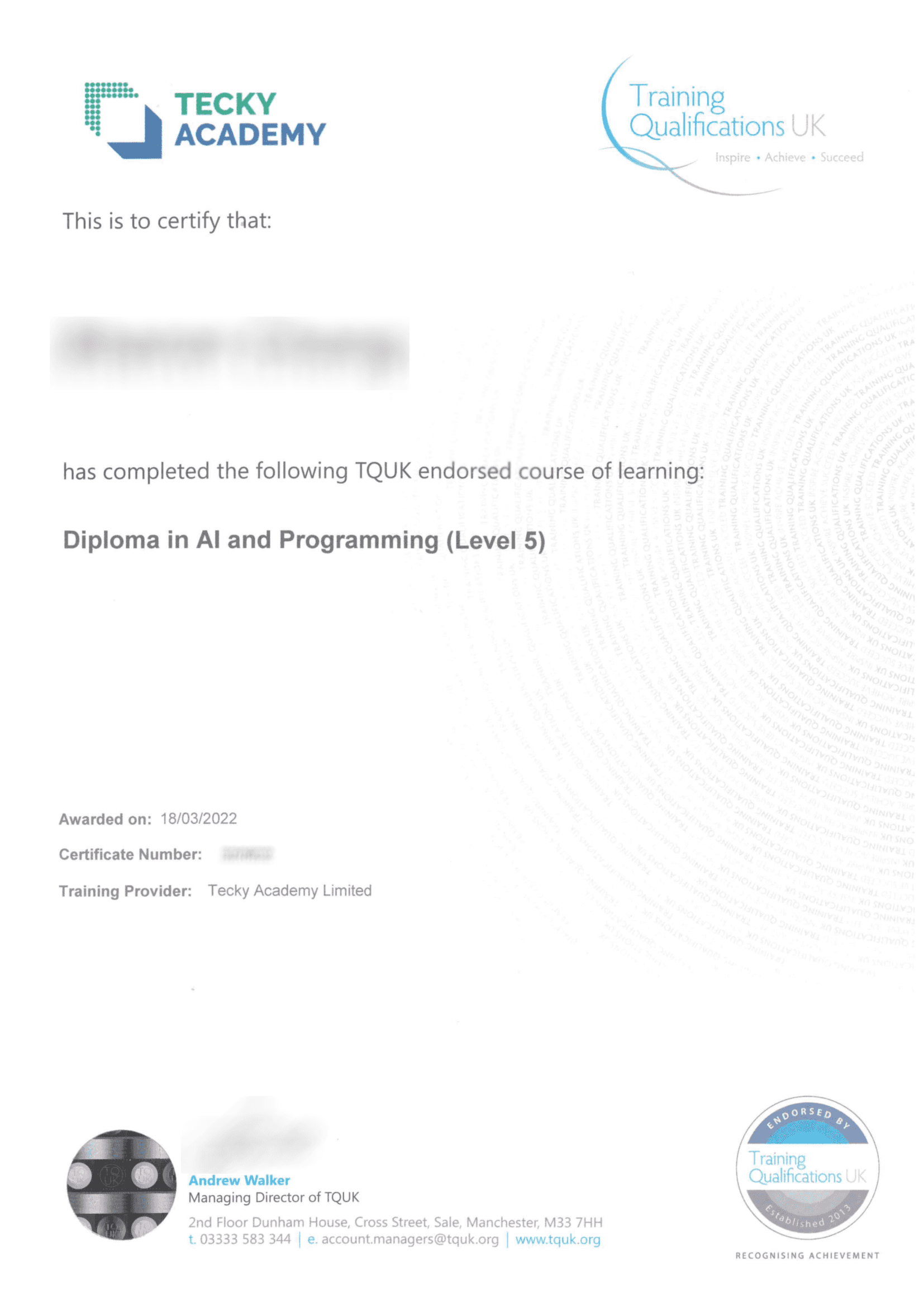 TQUK 簽發的 Diploma in AI and Programming (Level 5) 證書